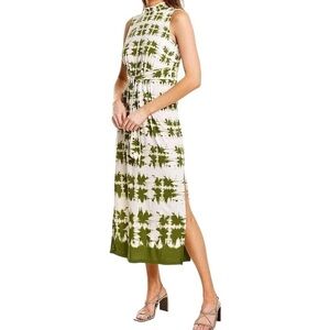 London Times Printed Sleeveless Long Dress Ivory Olive Green Size 10 New